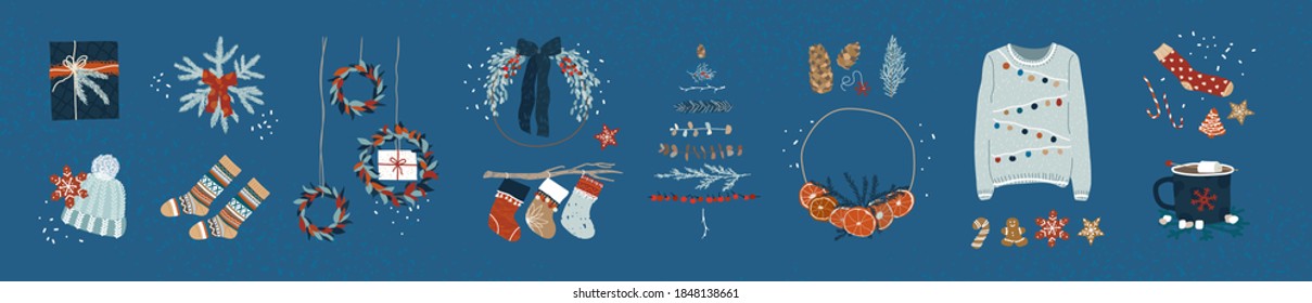 Winter favorites cartoon bundle. Christmas essentials clipart with socks, gifts, hat, hot cocoa, sweater, twinkling lights, gingerbread. Door wreath with dried oranges for festive home decorations.