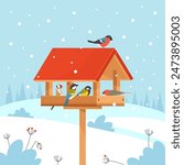 Winter feeding of birds. Goldfinches, tits and bullfinches peck grain in wooden house, care and support in cold year season, eating seeds and berries, cartoon flat isolated vector concept
