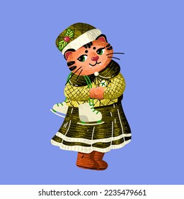 Winter female tiger wuth skates. Vintage animal is symbol of year 2022. Vector illustration in cartoon style.