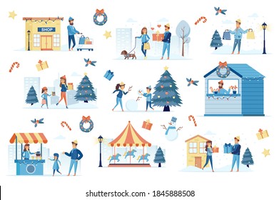 Winter festival bundle of flat scenes. Festive carnival, amusement fair isolated set. Carousel, candy shop, snowman and gifts elements. Family shopping and play outdoor cartoon vector illustration.