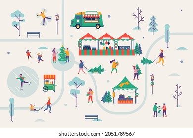 Winter festival concept illustration with people enjoying nature in snowy weather, ice skating, tobogganing, playing snow balls, preparing for holidays; Christmas market or fair in winter season park 