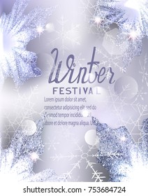 Winter Festival Invitation Card With Frozen Maple Leaves And Falling Snowflakes. Vector Illustration