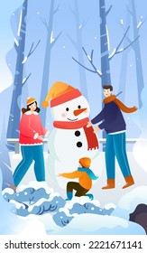 Winter festival people exercising outdoors with forest and snow in the background, vector illustration