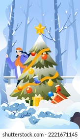 Winter festival people exercising outdoors with forest and snow in the background, vector illustration