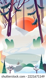 Winter festival people exercising outdoors with forest and snow in the background, vector illustration