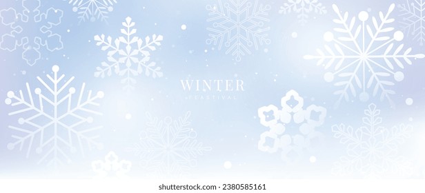 Winter festival seasonal background vector illustration. Christmas holiday event snowfall, snowflake with watercolor texture. Design for poster, wallpaper, banner, card, decoration.