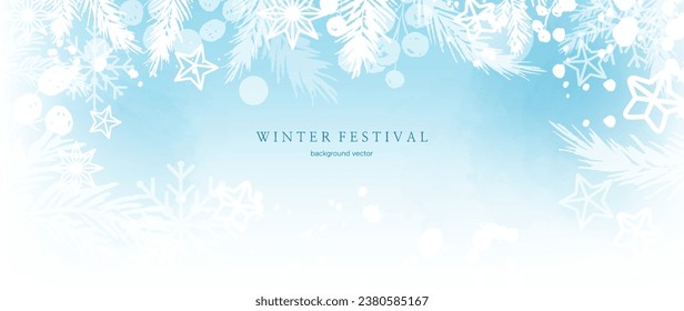 Winter festival seasonal background vector illustration. Christmas holiday event snowfall, pine leaves, berry with watercolor texture. Design for poster, wallpaper, banner, card, decoration.