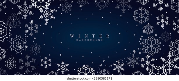 Winter festival seasonal background vector illustration. Christmas holiday event snowfall, snowflake, sky, night. Design for poster, wallpaper, banner, card, decoration.