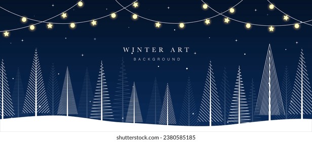 Winter festival seasonal background vector illustration. Christmas holiday event pine, snowfall, hill, decorative light, twinkling star. Design for poster, wallpaper, banner, card, decoration.