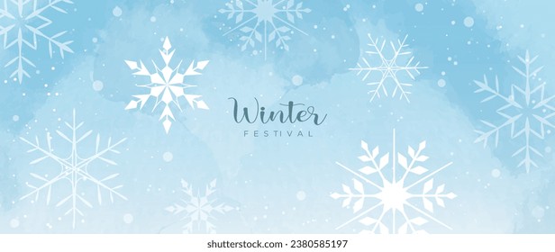 Winter festival seasonal background vector illustration. Christmas holiday event snowfall, snowflake with watercolor texture. Design for poster, wallpaper, banner, card, decoration.