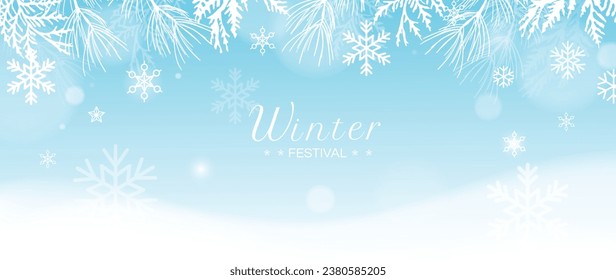 Winter festival seasonal background vector illustration. Christmas holiday event snowfall, pine leaves, berry with watercolor texture. Design for poster, wallpaper, banner, card, decoration.