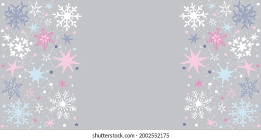 Winter festive background with beautiful cartoon snowflakes and confetti. Vector colorful illustration. Space for your text.