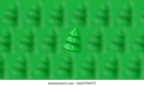 Fondo festivo de invierno con árboles de Navidad verdes borrosos. Navidades de fondo con objetos 3D realistas. Vista superior
