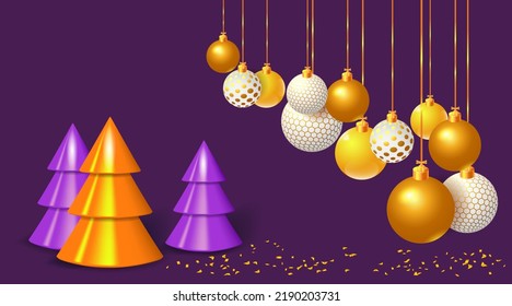 Winter festive background. Color 3d Christmas trees and Christmas ornaments. Festive background for Christmas and New Year
