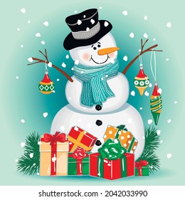 Winter festive background with a snowman in a hat and a scarf. The character holds Christmas tree decorations and is surrounded by gifts.Flat cartoon  illustration.Vector template for design.