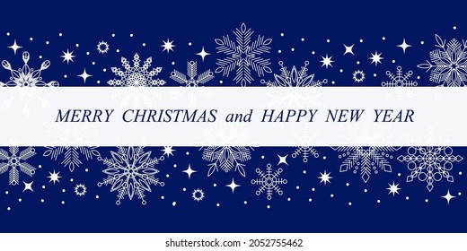Winter festive border with white snowflakes on dark blue background for decoration of Christmas and New Year projects.