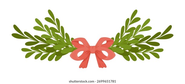 Winter festive branch with red bow. Traditional Christmas decoration isolated on white. Adorable vector illustration.