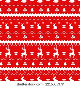 Patrón de punto de Navidad festivo de invierno tejido de lana de punto 2023. Conejos y ciervos con ornamentos noruegos sin fisuras.