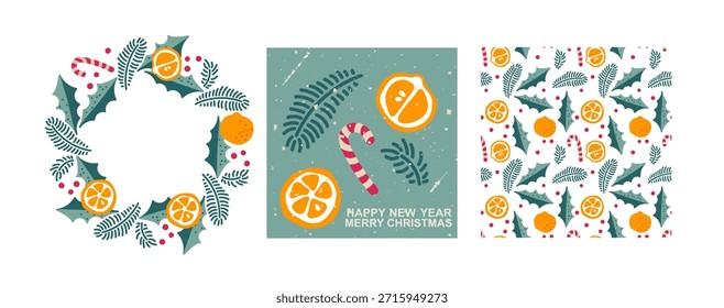 Conjunto de diseño festivo de invierno. Tarjetas con naranjas, ramas de abeto, acebo, bastones de caramelo. Navidades Patrón sin fisuras, marco redondo, tarjeta. Dibujado a mano Doodle Ilustración vectorial con para la tarjeta de vacaciones, diseño