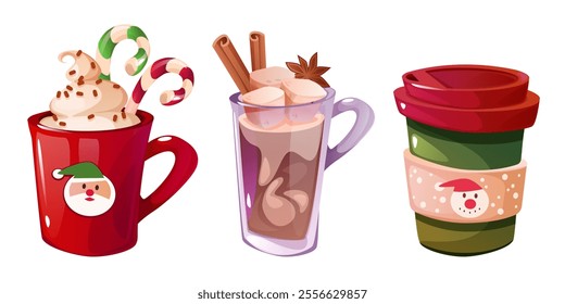 Winter festive drinks collection - mug of hot chocolate with whipped cream and candy canes, glass of warm cocoa topped with cinnamon sticks and marshmallow, takeaway cup with flavor beverage.