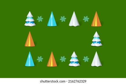 Winter festive frame with 3d Christmas trees. White, blue and golden realistic Christmas trees as frame for text