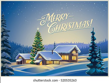 Winter festive landscape with forest houses and Christmas tree. Christmas card.