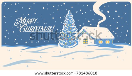 Winter festive landscape, with forest hut and festive Christmas trees.