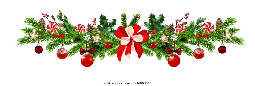 Winter festive pine and holly branches with balls, ribbons and sweets. Nature border for design Christmas card, template greeting or invitation