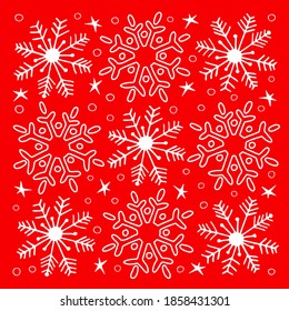 Fondo rojo festivo de invierno con hermosos copos de nieve. Ilustración vectorial de Navidad.