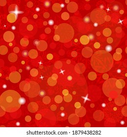winter festive repetitive background. red orange yellow white blurred lights. bokeh circles and snowflakes. holiday seamless pattern. design element for greeting card, banner, flyer, cover, invitation