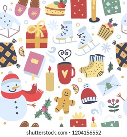 Winter festive seamless pattern. Christmas holidays background with cute season elements and funny illustrations