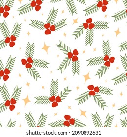 Winter festive seamless pattern. Wrapping paper with branches of a Christmas tree with berries and twinkling stars. Vector illustration 
