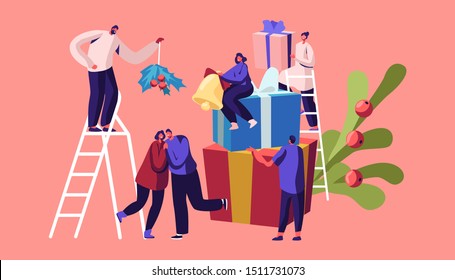 Winter Festive Season, Christmas Holidays Celebrating Concept. Tiny People Characters Decorate Home, Prepare Presents, Kiss Under Mistletoe Brunch. Xmas Celebration Cartoon Flat Vector Illustration