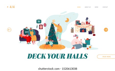 Winter Festive Season, Xmas Celebration Website Landing Page. Christmas Holidays Celebrating. People Characters, Decorate Home and Christmas Tree, giving presents Web Page Banner. Vector Illustration