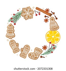 La corona de invierno festiva. Marco redondo con galletas de jengibre, rama de árbol de navidad, rodaja de naranja, especias. Corona redonda con espacio para la invitación, tarjeta. Ilustración vectorial plana de alimentos dulces de caricatura