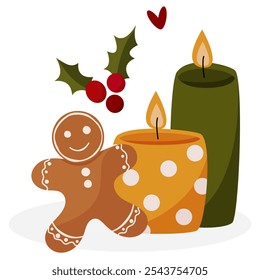 Winter festivities decoration. Illustration of burning candle with gingerbread man. Christmas design for greeting cards, banner, social media