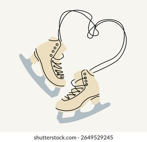 Winter figure ice skating, vintage boots with blade and shoelace. Shoes for winter sports and activities. Cold season, equipment for skater or hockey lover