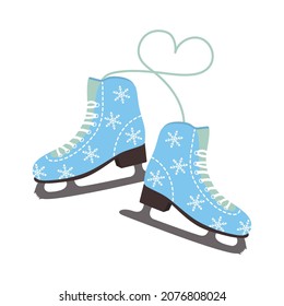 Winter figure skates decorated with snowflakes and lacing heart. Vector illustration.