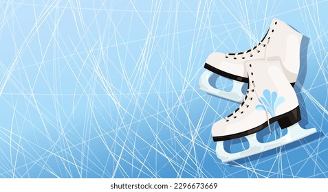 Winter figure skates on a blue ice rink background. White boots with blades for seasonal sport. Female dancing on ice event banner. Poster for weekend competitions. Show time flyer vector illustration