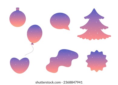 winter figures, silhouettes. toy, heart, Christmas tree, gradient, glitter, balloon, elements. 