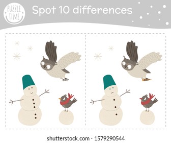 Winter find differences game for children. Holyday festive preschool activity with owl and bird building snowman. Puzzle with cute funny smiling animal characters