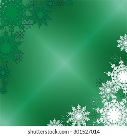 Winter Fine Ornate Snowflakes Placed in Corners on the Green Iced Background