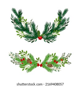 Winter Fir Branches Arranged with Mistletoe Berry Twigs and Fir Cones Semicircular Vector Illustration Set