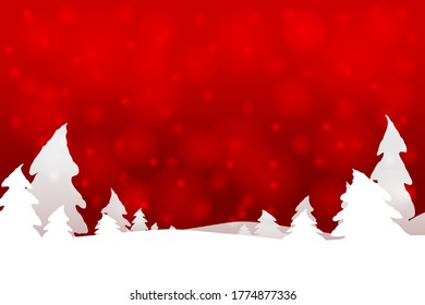 Bosque de abetos de invierno. Fondo rojo para Navidad y tarjetas de Año Nuevo.