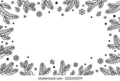 Winter fir pine twigs sketch border. Linear ornate floral frame with copy space, Christmas tree branches, snow confetti on white for Xmas card, party event banner, certificate coupons, gift vouchers