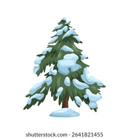 Winter fir tree isolated or snowy evergreen plant. Forest and wood, natural snow park element. Cold forestry timber or trunk. Woodland environment. Flora for new year or Christmas spruce. Botany.