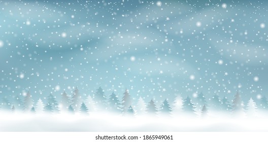 Winter Fir Tree Landscape With White Snow Border With Gradient Mesh, Vector Illustration