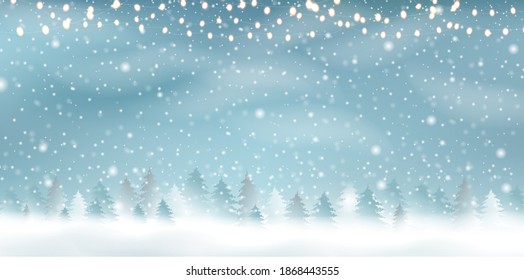 Winter Fir Tree Landscape With White Snow Border With Garland With Gradient Mesh, Vector Illustration