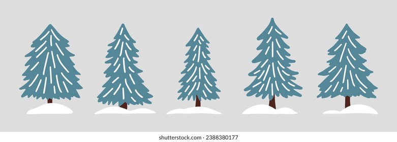 Árbol de abetos de invierno con un sencillo estilo retro escandinavo. Clásico de caricatura pintado a mano para la decoración navideña, tarjeta, afiche, volante, impresión y patrón. Ilustración vectorial.