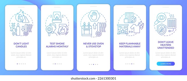 Precauciones de incendios de invierno a bordo de la pantalla de aplicación móvil de gradiente azul. Recorrido 5 pasos instrucciones gráficas con conceptos lineales. UI, UX, plantilla GUI. Multitud de tipos de letra Pro-Bold, con uso regular